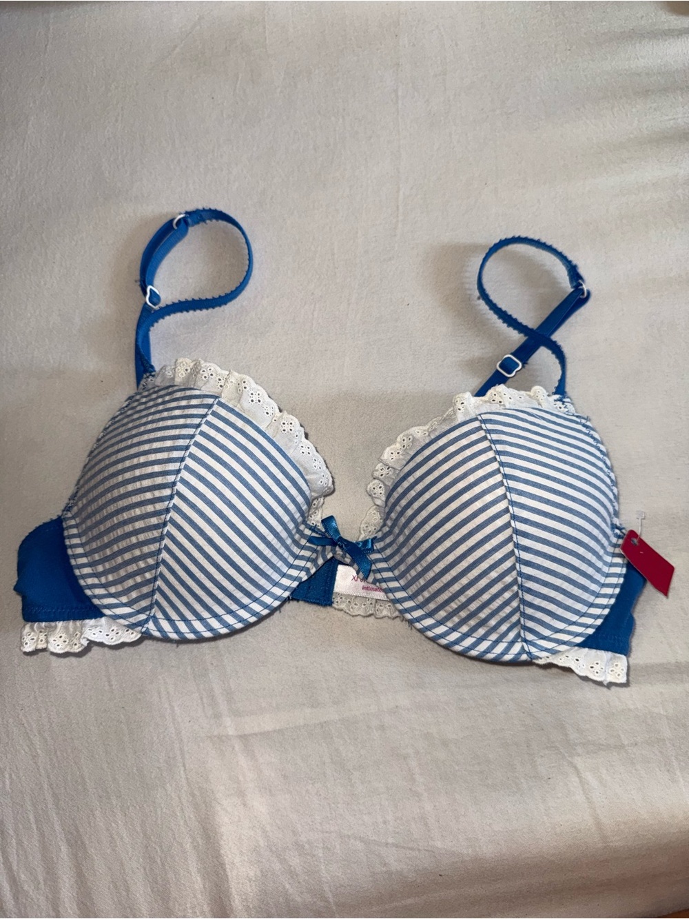 Blue/white striped push up bra with lace trim, size 34A #lingerie #stripes